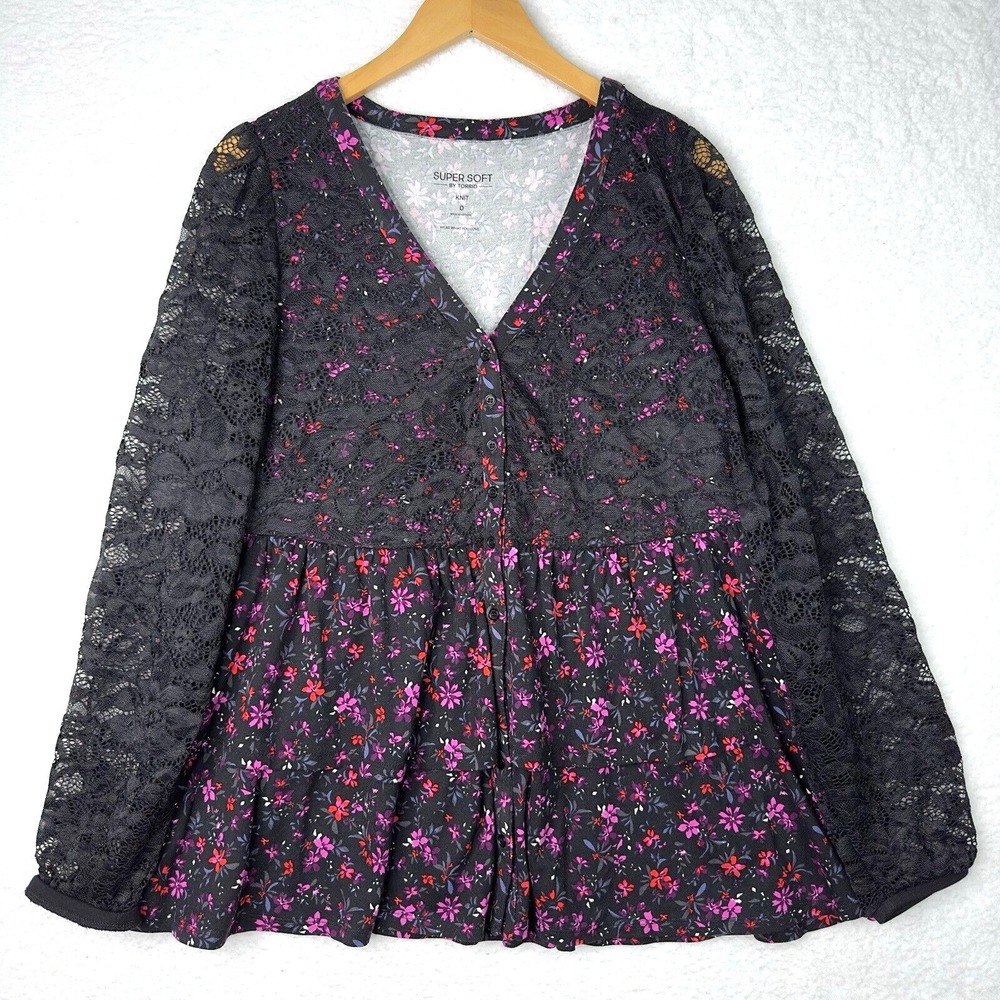 Torrid Super Soft Babydoll Whimsygoth Top Black Pink Lace Romantic 0 L/12 NWT